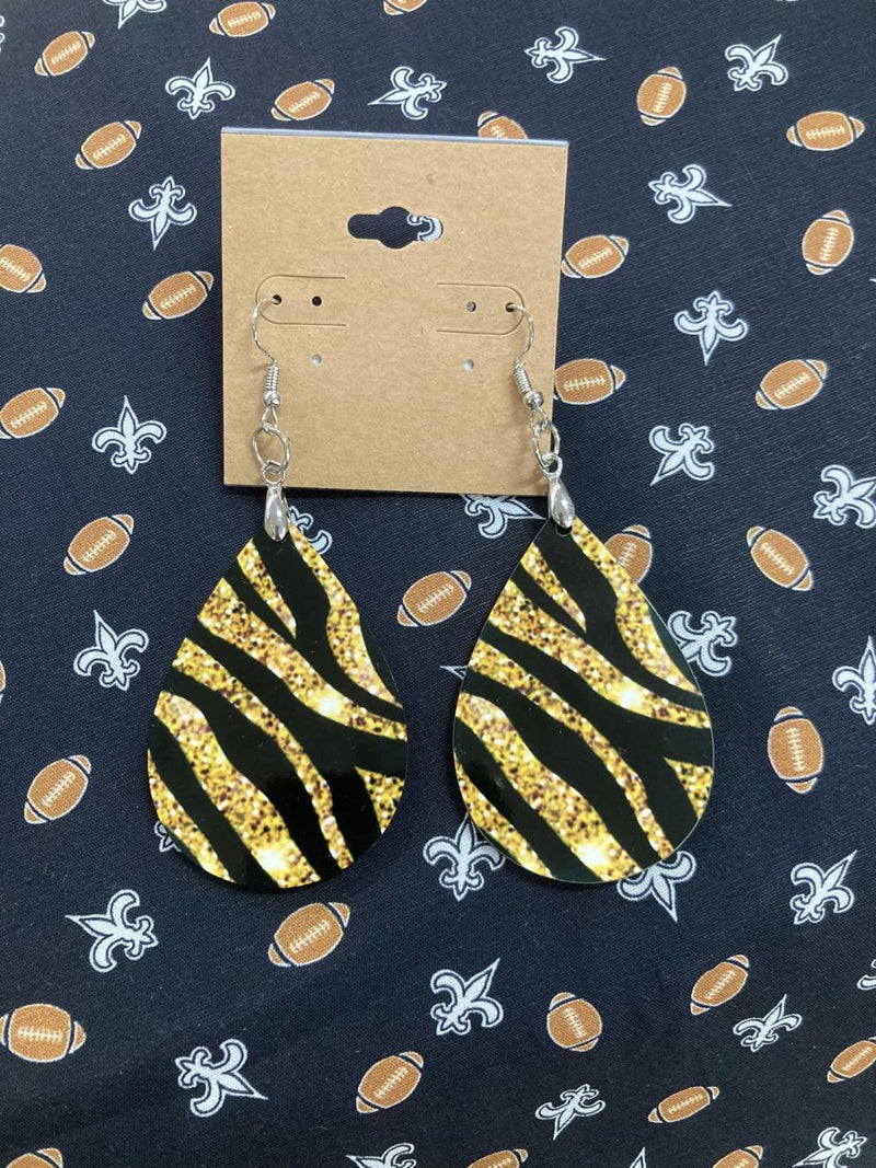 Black & Gold Sparkly Stripe Teardrop Earrings
