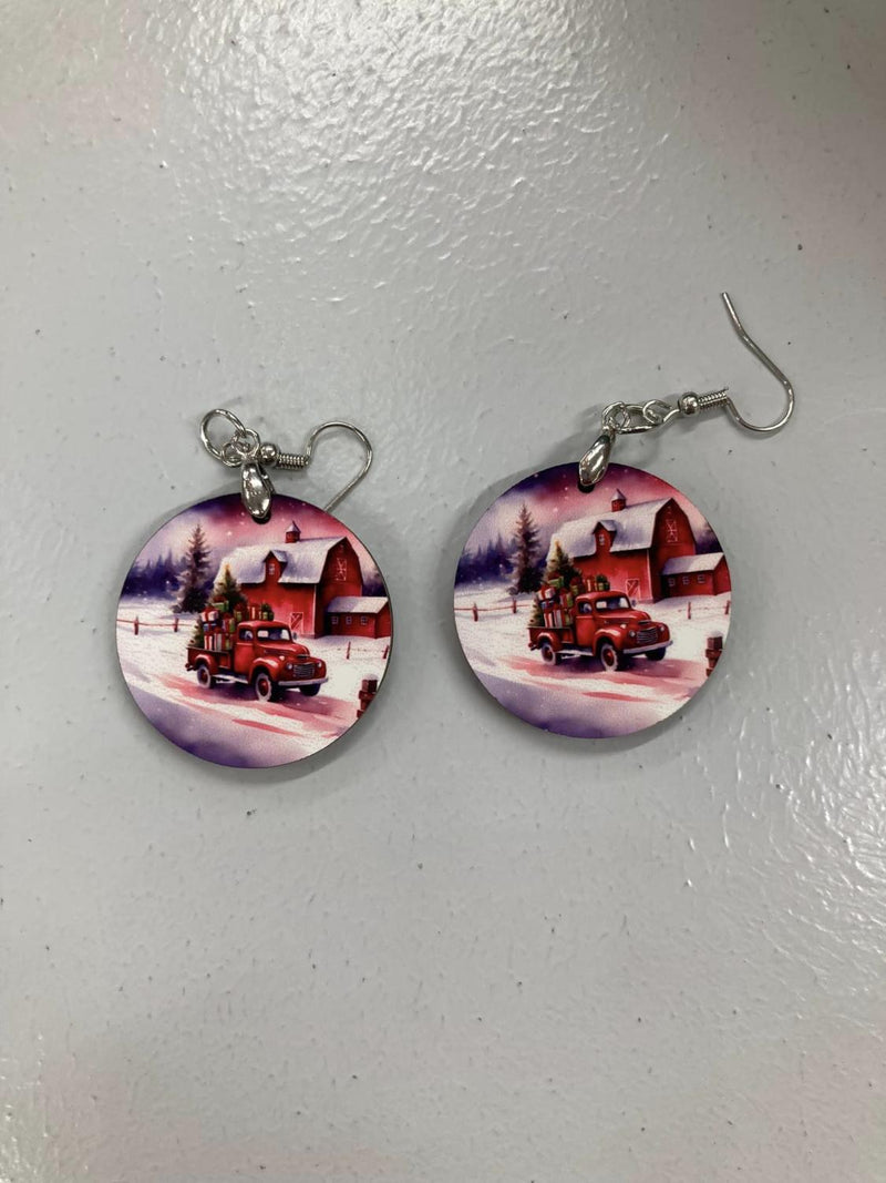 Red Truck Round Earrings