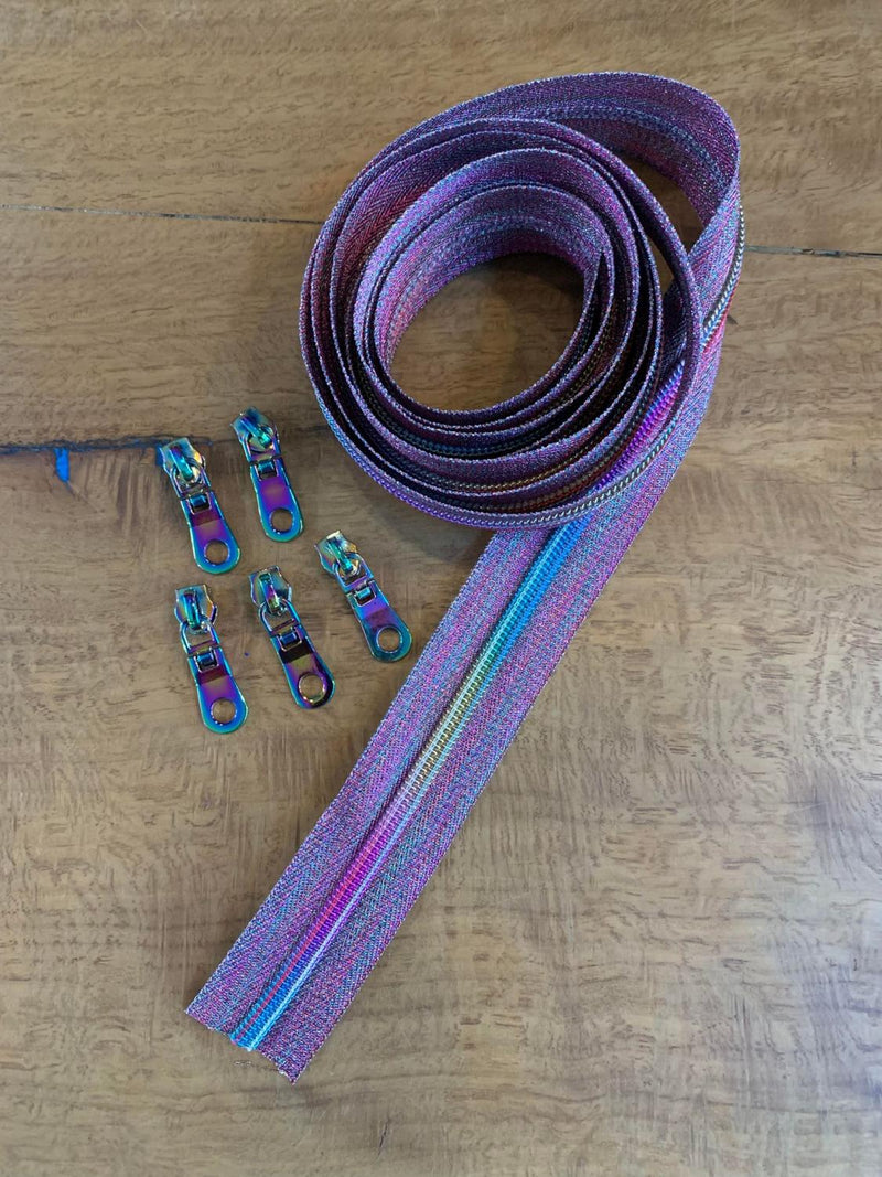 2 Yds Pink Rainbow Zipper w/5 Pulls