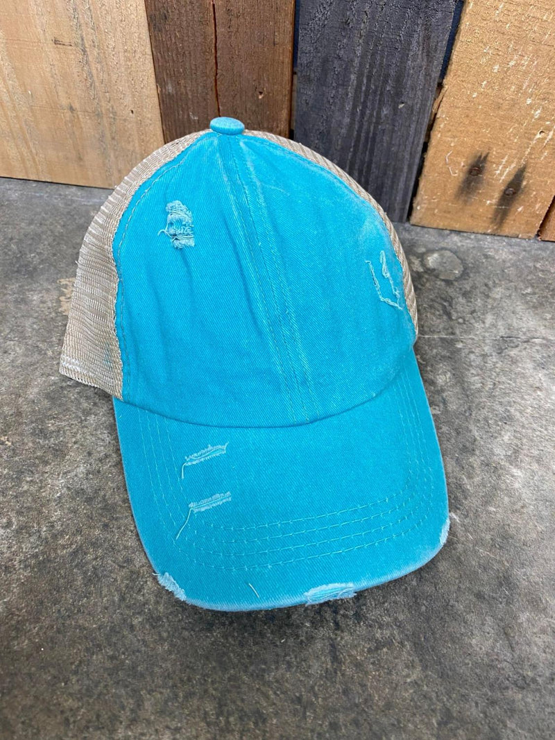 Blue Distressed Pony Hat