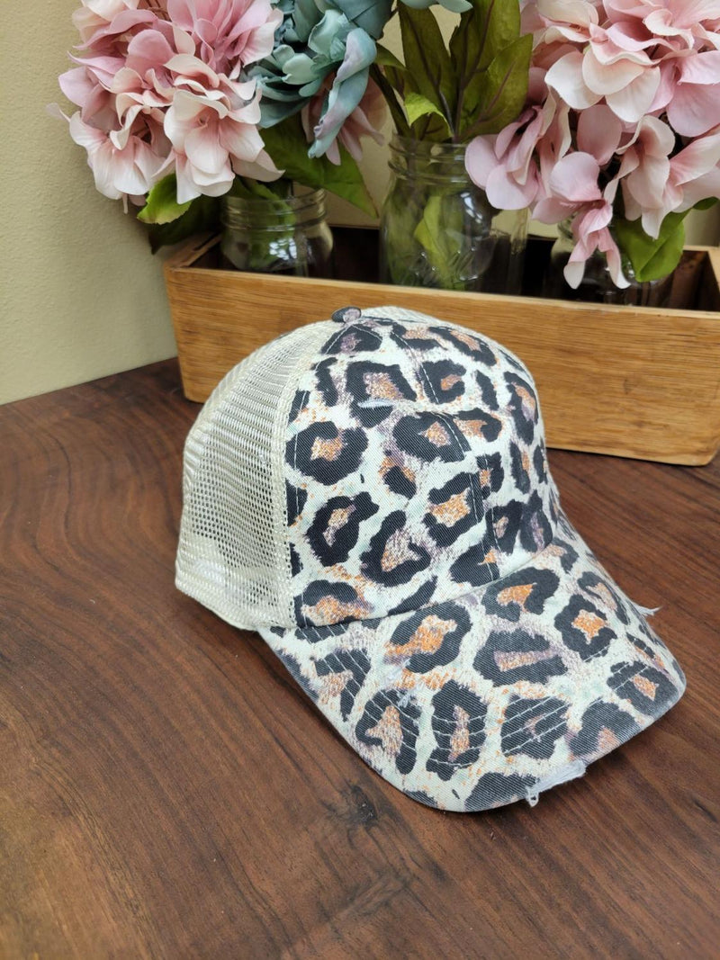 Large Cheetah Distressed Pony Hat