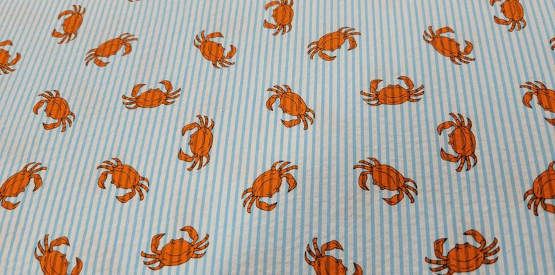 Orange Crab on Aqua Blue Seersucker